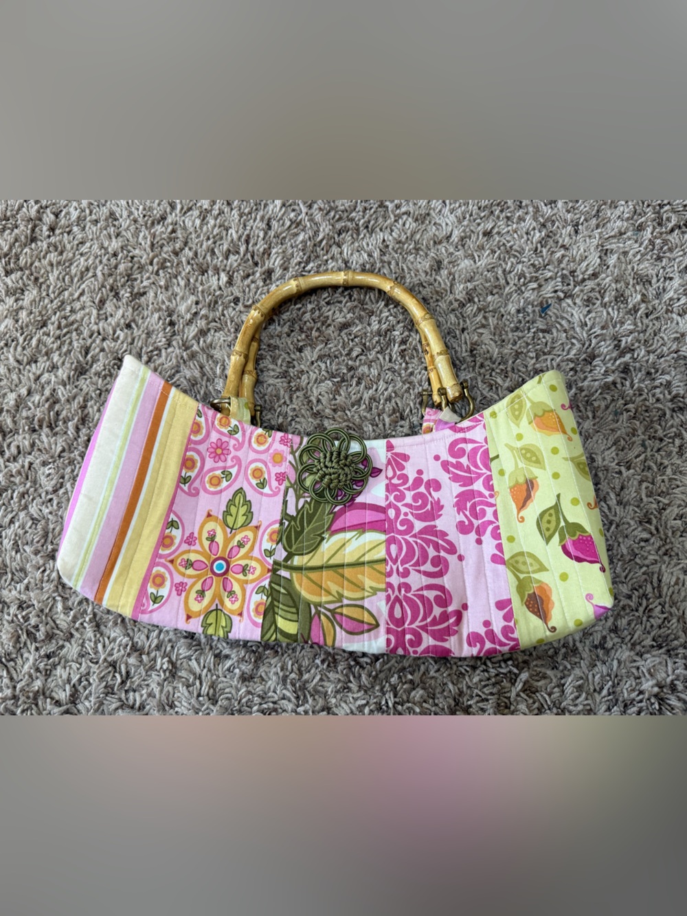 Colorful Floral Quilted Handbag with Bamboo Handles-vintage style